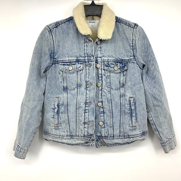Old Navy Denim Jacket Sherpa Lined Button Light Blue Jean - Picture 2 of 11